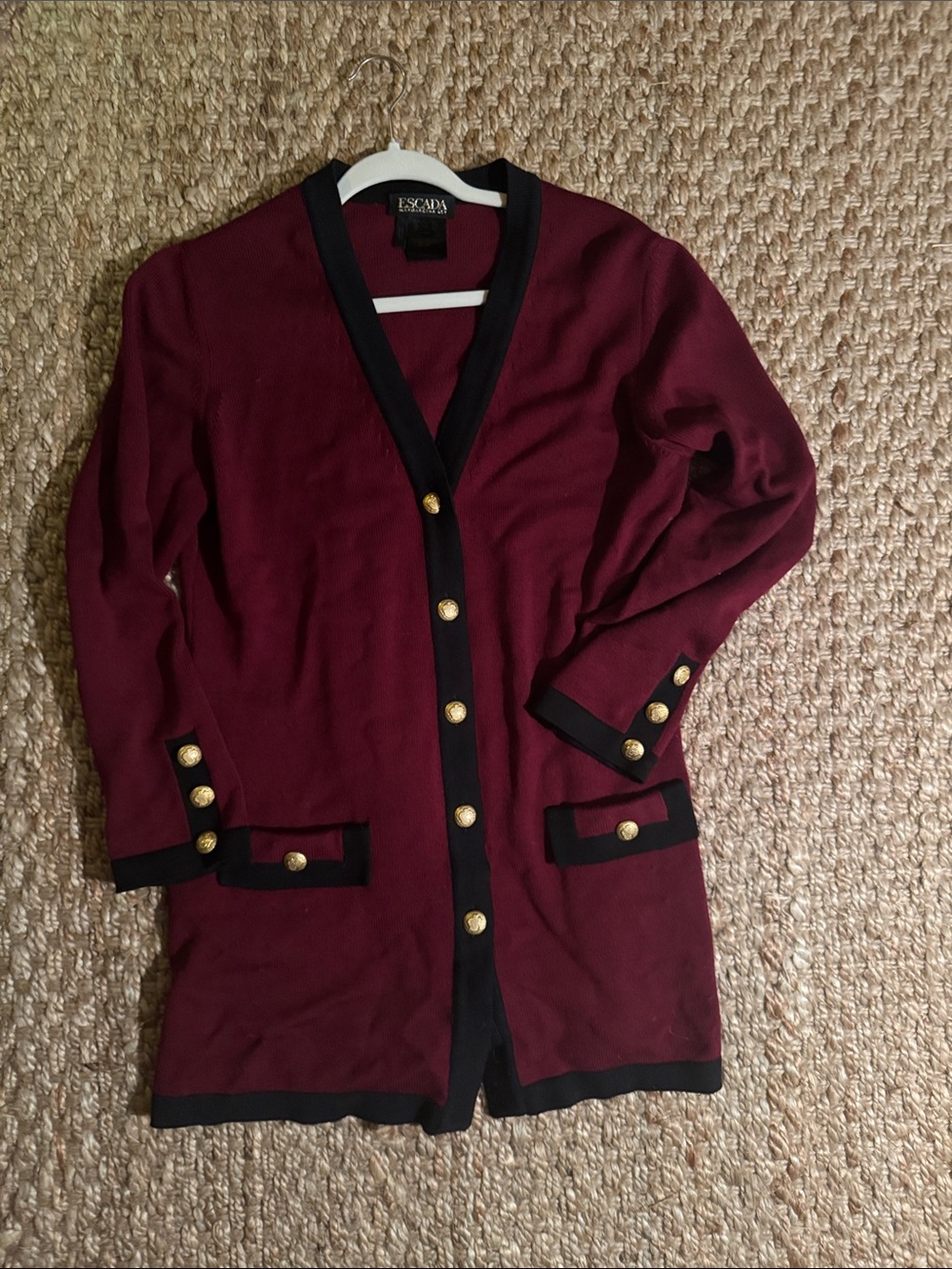Escada Burgundy Cardigan with Black Trim and Gold Buttons
